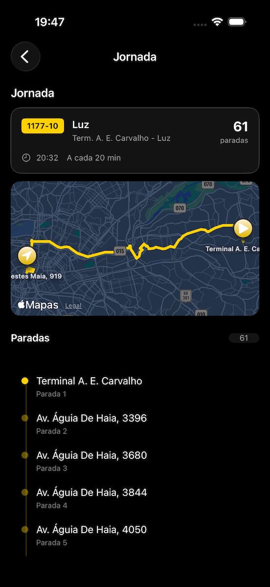 Rota com mapa e paradas