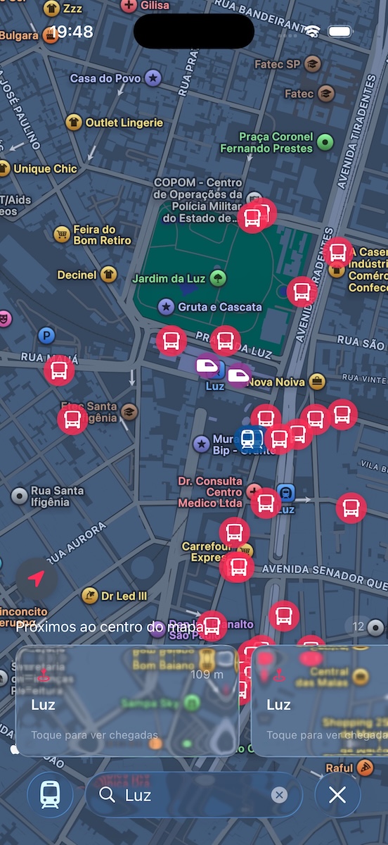 Mapa com paradas próximas