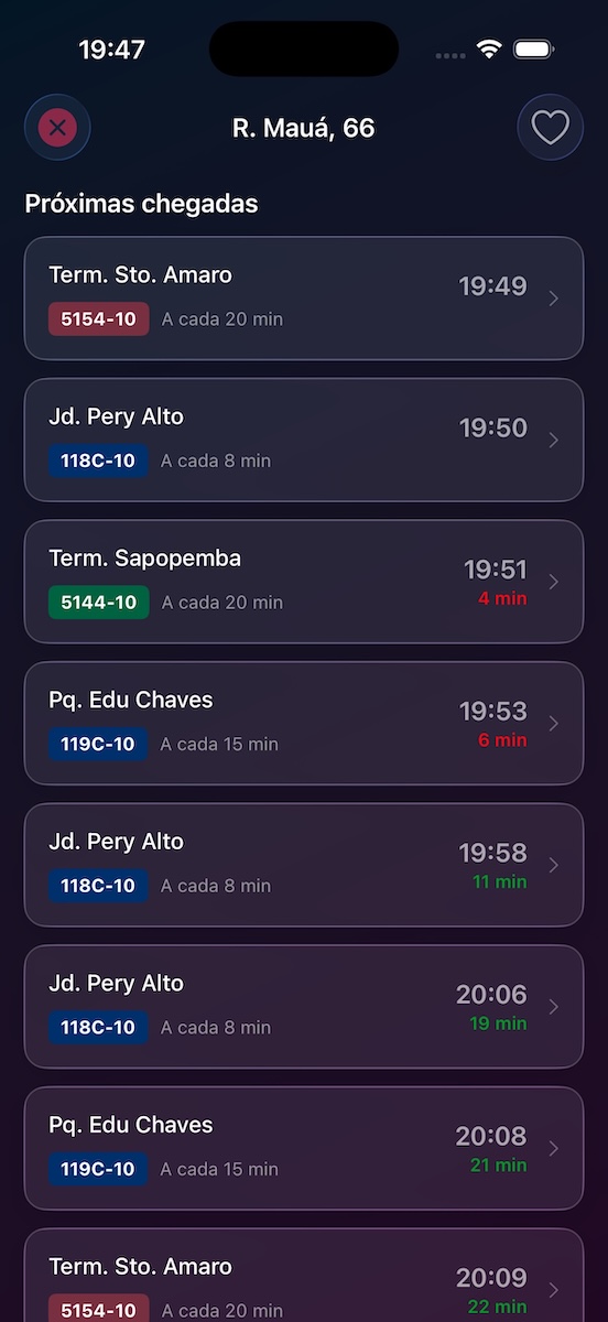 Detalhe da parada com próximas chegadas